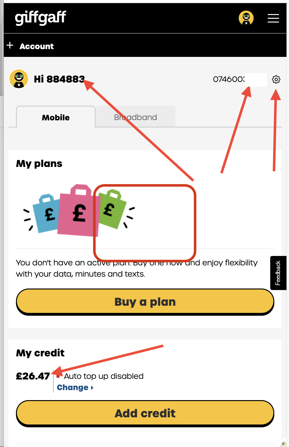 Giffgaff 登录与仪表盘界面